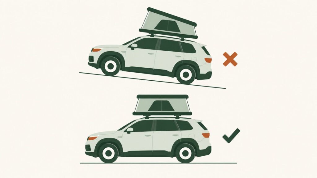 Vergleich: Auto mit Dachzelt auf abschüssigem Untergrund und auf ebenem Grund
