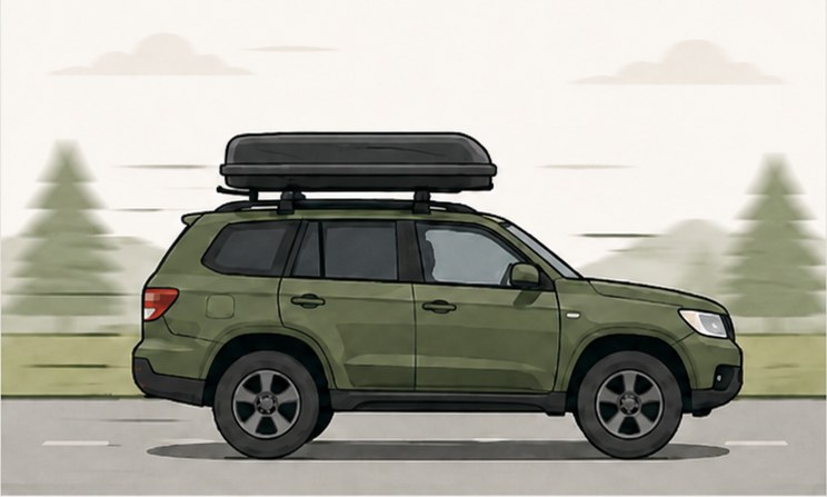 Geländewagen mit Dachbox während der Fahrt – dynamische Dachlast