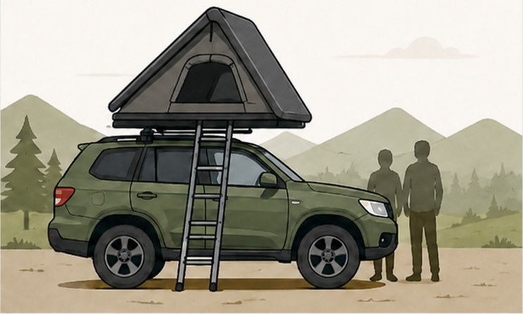 Geländewagen mit aufgebautem Dachzelt und Leiter im Stand – statische Dachlast
