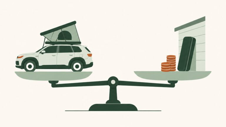 Waage mit einem Auto mit Dachzelt auf der einen und einem eingelagerten Dachzelt mit Münzen auf der anderen Seite