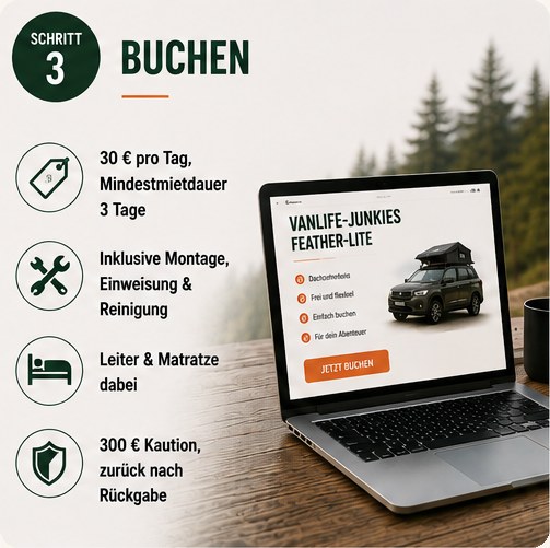 Schritt 3 Buchen: 30 Euro pro Tag, inklusive Montage, Einweisung und Reinigung, Leiter und Matratze dabei, 300 Euro Kaution